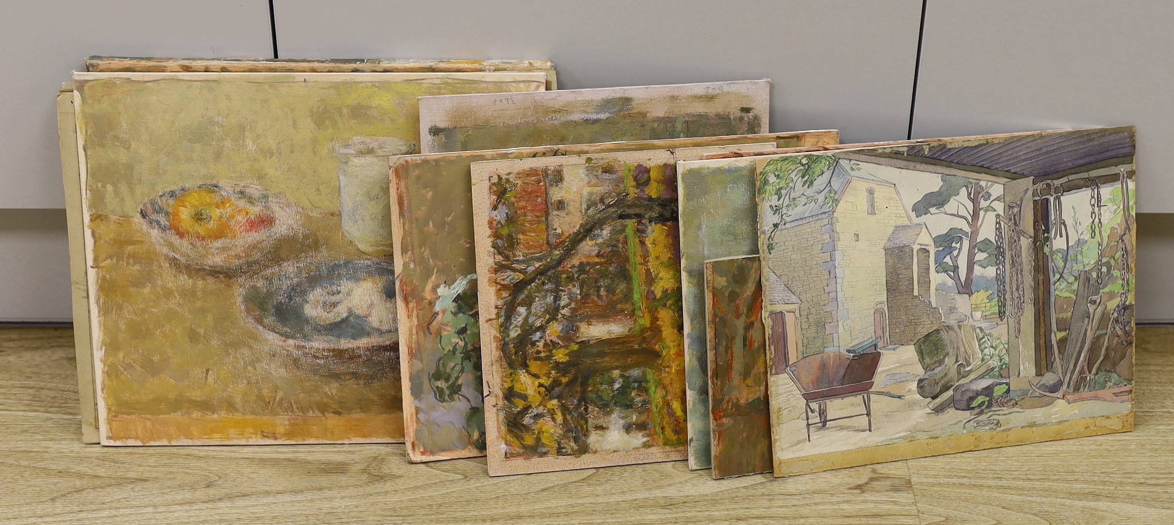 Archibald Sanderson (1900-1971), a group of assorted unframed oils and watercolours including still lifes and topographical studies, largest 30 x 39cm